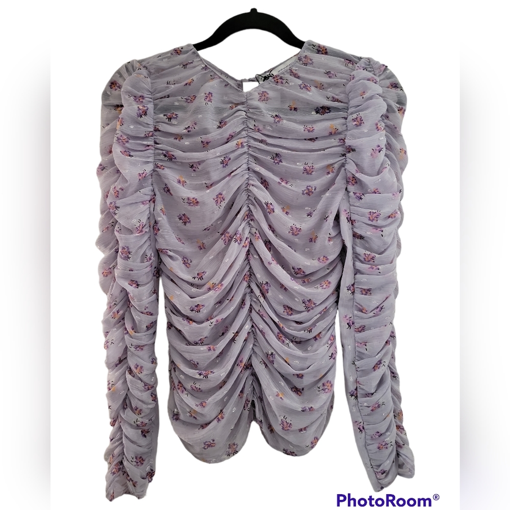 ZARA Lilac Semi-Sheer Floral Ruched Long-sleeve Top Sz XS